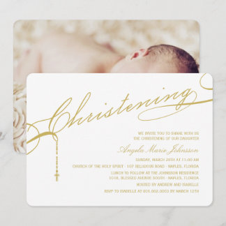Gold Scripted Christening Cross Photo Religious Invitation