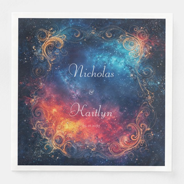 Gold Scroll Celestial Nebula Fire and Ice Paper Dinner Napkins (Front)