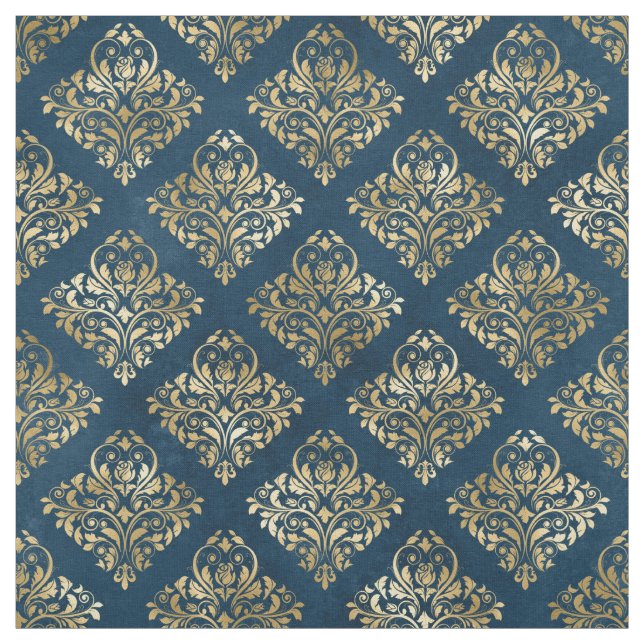 Gold Scroll Design on Deep Blue Fabric (Swatch)
