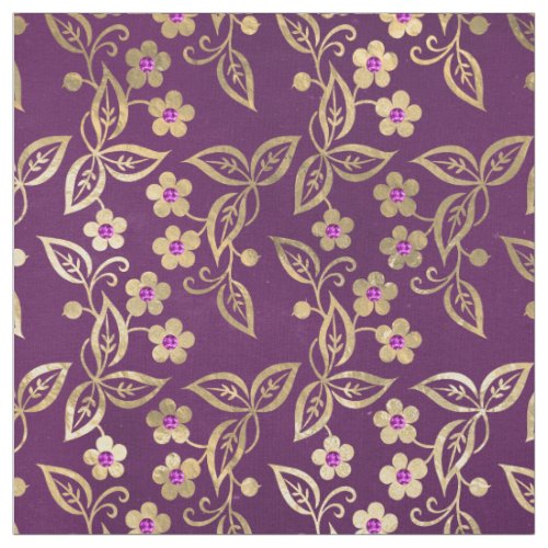 Gold Scroll Flowers and Purple Gems on Purple Fabric