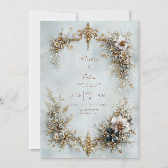 Gold Scroll Frame White Floral Dusty Blue Wedding Invitation (Front)