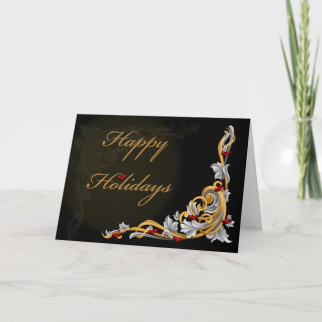 gold scroll holly berriesCorporate Christmas Cards (Front)