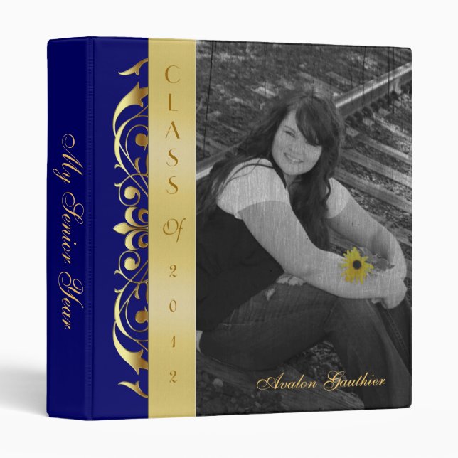 Gold Scroll Photo Blue Graduation Album Binder (Front/Spine)