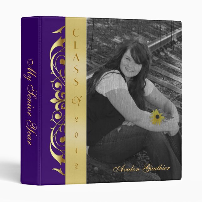 Gold Scroll Photo Purple Graduation Album Binder (Front/Spine)