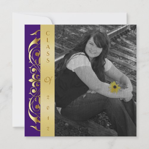 Gold Scroll Photo Purple Graduation Invitations