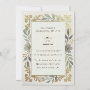 Gold Scroll Sage Green Floral Wedding Invite