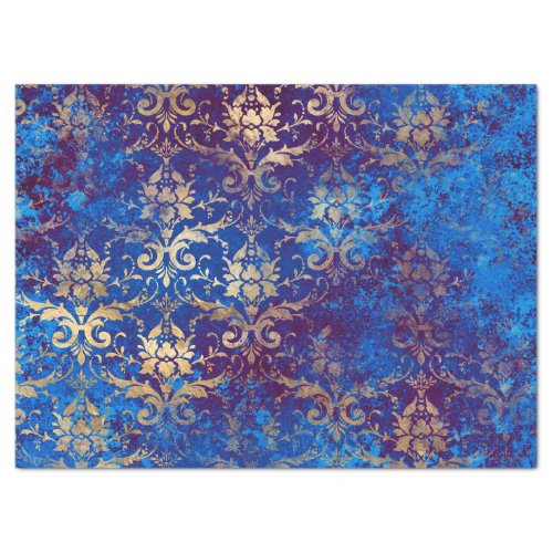Gold Scroll Work Flowers on Blue Decoupage Tissue Paper