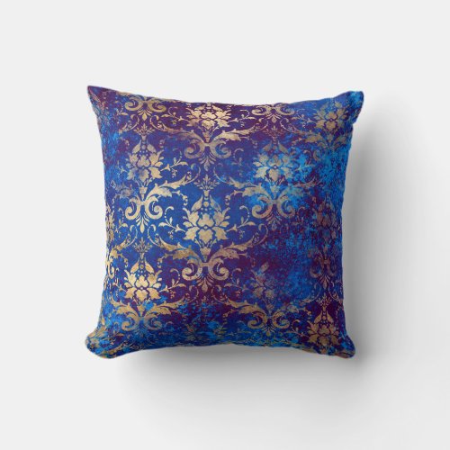 Gold Scroll Work Flowers on Blue Throw Pillow