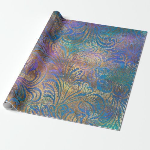 Gold Scroll Work on Purple Pink Blue Wrapping Paper