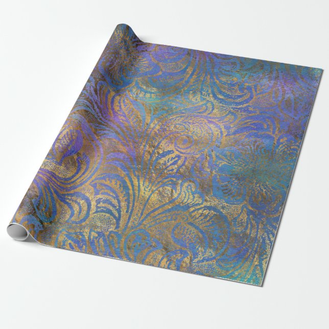 Gold Scroll Work on Purple, Pink, Blue Wrapping Paper (Unrolled)