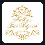 Gold scrolls, Tiara Bat Mitzvah Logo Square Sticker<br><div class="desc">Golden swirls (scrolls) and Tiara in a heart shape Bat Mitzvah Sticker. You can use it for different occasion.</div>
