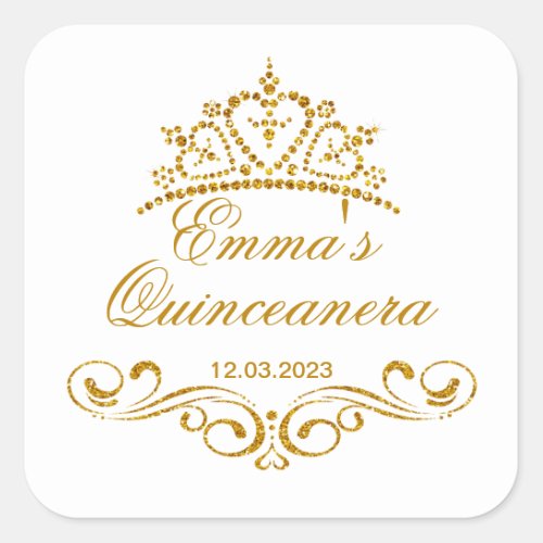 Gold scrolls Tiara Quinceanera custom Logo Square Sticker