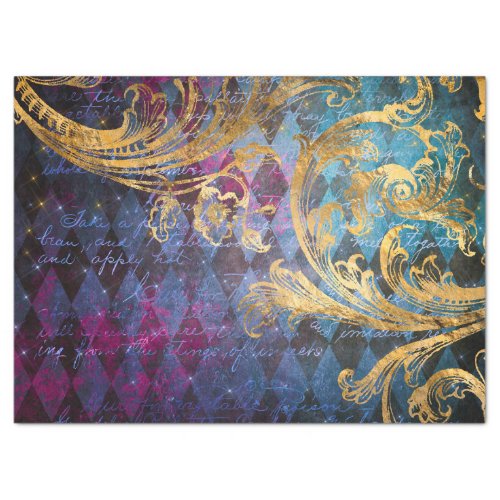 Gold Scrollwork on Purple and Blue Decoupage Tissue Paper