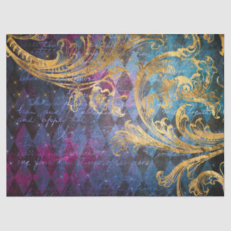 Gold Scrollwork on Purple and Blue Decoupage Tissue Paper
