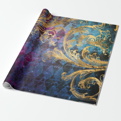 Gold Scrollwork on Purple and Blue Wrapping Paper