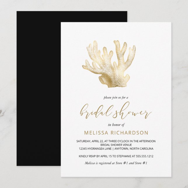 Gold Sea Coral Black White Beach Bridal Shower Invitation (Front/Back)