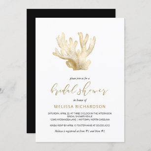 Gold Sea Coral Black White Beach Bridal Shower Invitation