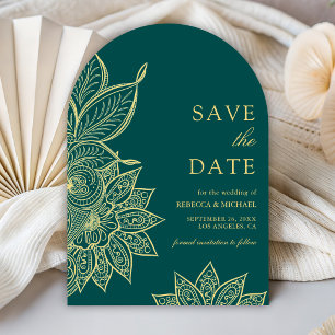 Gold Sea Green Mehendi Henna Indian Wedding Save The Date
