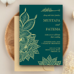 Gold Sea Green Mehendi Henna Islamic Wedding Invitation