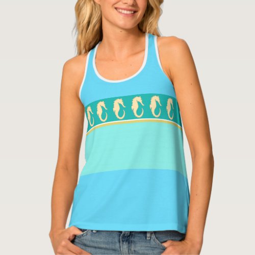 Gold Sea Horse with Aqua and Turquoise Border Tank Top