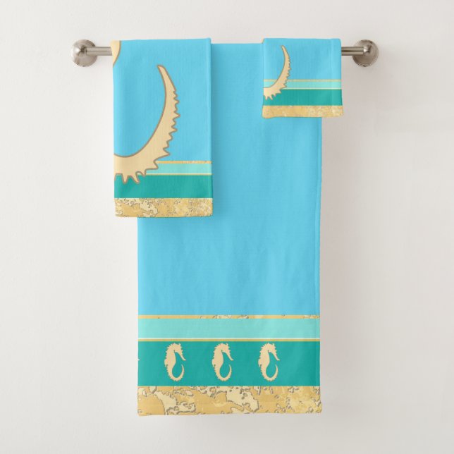 Gold Sea Horse with Aqua and Turquoise Stripes Bath Towel Set (Insitu)