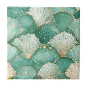Gold Sea Shell Wave Pattern in Aqua Teal Ceramic Tile
