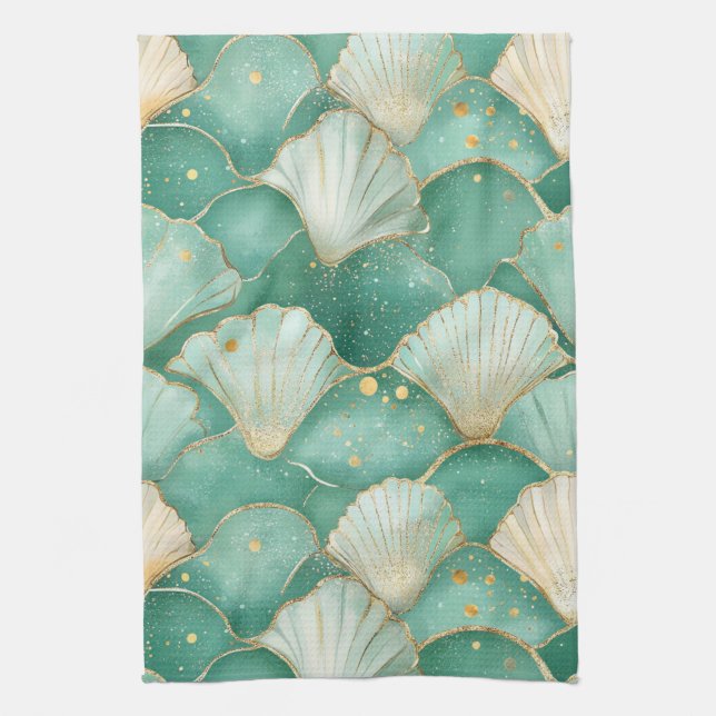 Gold Sea Shell Wave Pattern in Aqua Teal Kitchen Towel (Vertical)