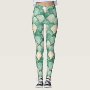 Gold Sea Shell Wave Pattern in Aqua Teal Leggings