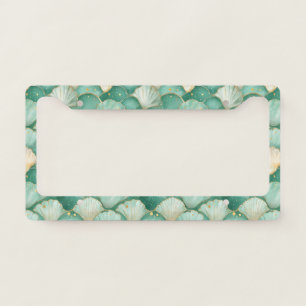 Gold Sea Shell Wave Pattern in Aqua Teal License Plate Frame