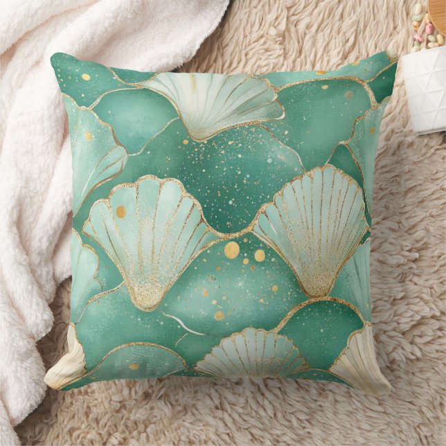 Gold Sea Shell Wave Pattern in Aqua Teal Throw Pillow (Blanket)