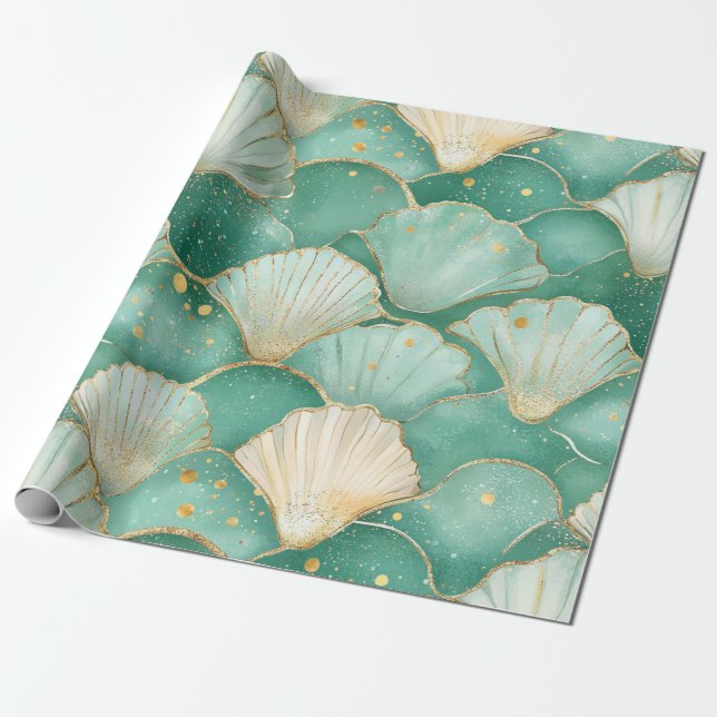 Gold Sea Shell Wave Pattern in Aqua Teal Wrapping Paper (Unrolled)