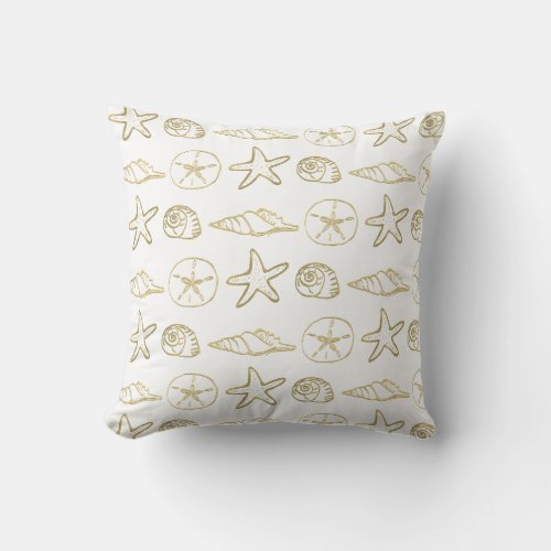 Gold Sea Shells Chic Beach Elegant White Throw Pillow