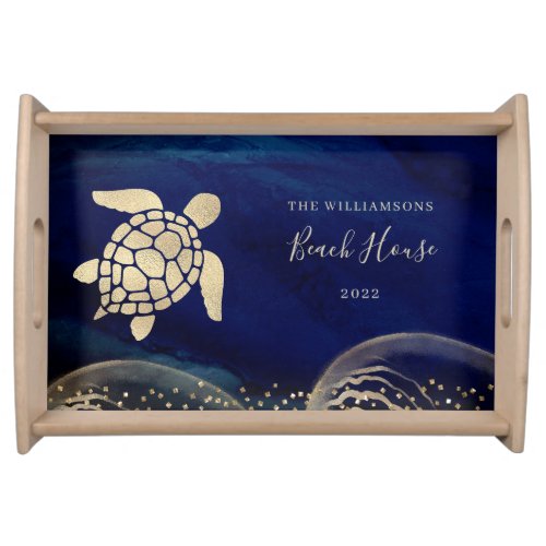 Gold Sea Turtle Blue Watercolor Monogram Serving Tray