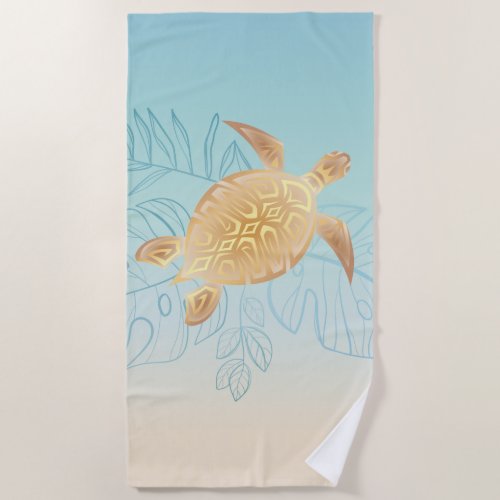 Gold Sea Turtle Tropical Leaves Beach Towel