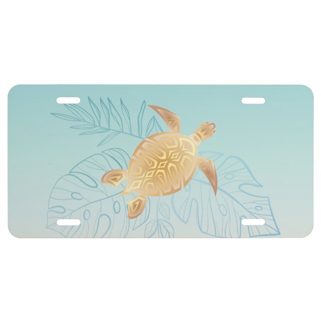Gold Sea Turtle Tropical Leaves License Plate (Front)