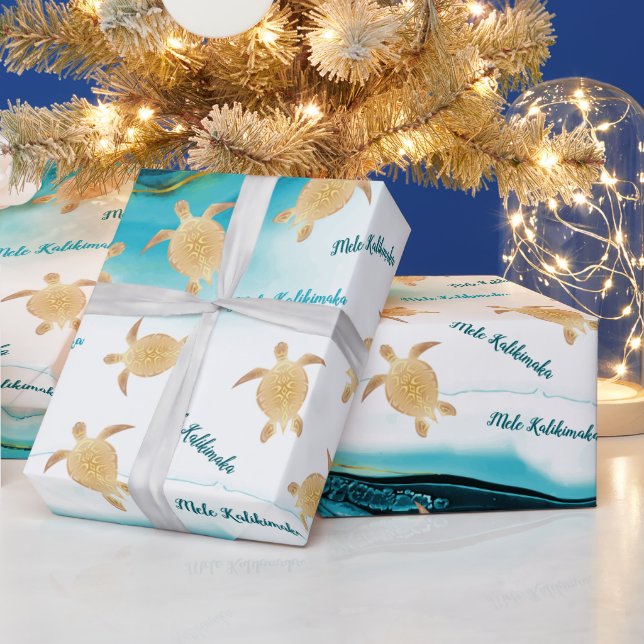 Gold Sea Turtles Ink Turquoise | Mele Kalikimaka Wrapping Paper (Holidays)