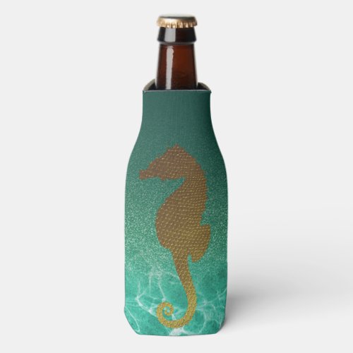 Gold Seahorse and Turquoise Glitter Bottle Cooler