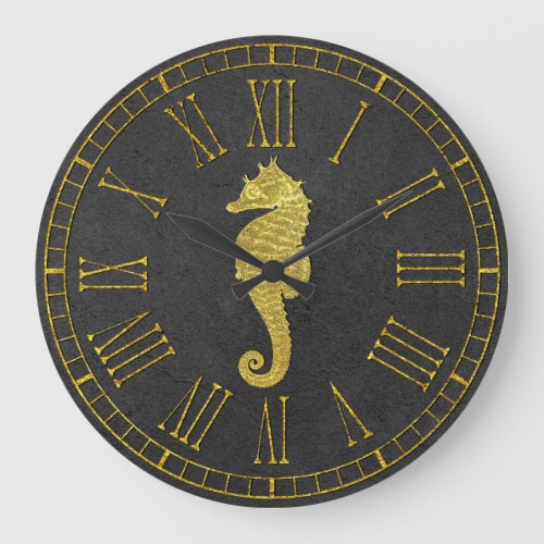 Gold Seahorse Foil Look Charcoal Large Clock