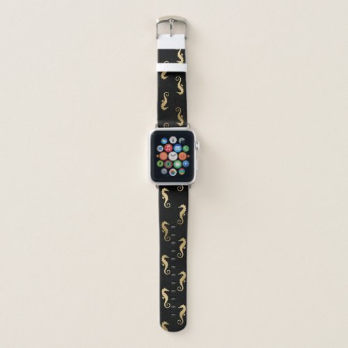 Gold Seahorse Pattern on Black Apple Watch Band