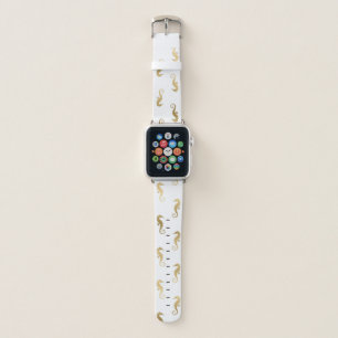 Gold Seahorse Pattern on White Apple Watch Band
