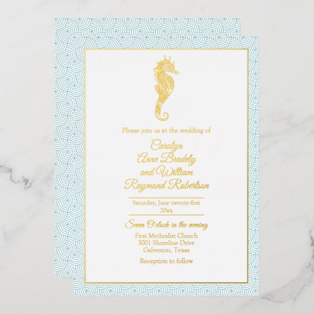 Gold Seahorse with Aqua Frame Wedding  Foil Invitation (Front/Back)
