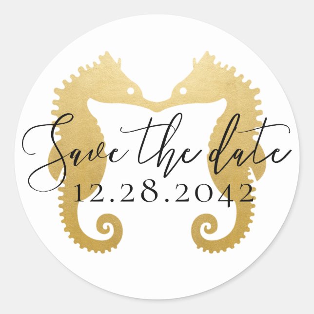 Gold Seahorses Kissing Beach Wedding Save the Date Classic Round Sticker (Front)