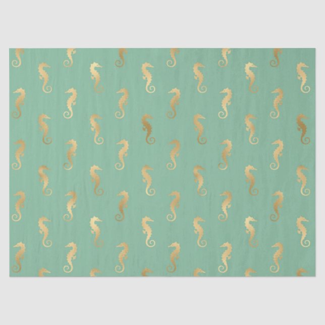Gold Seahorses on Turquoise/Aquamarine Decoupage Tissue Paper (Front)