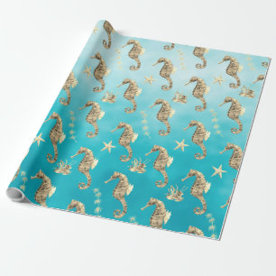 Gold Seahorses Under The Caribbean Deep Blue Sea Wrapping Paper