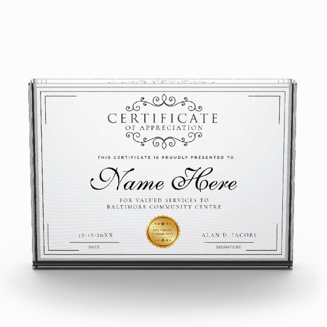Gold Seal Certificate of Appreciation Template Acrylic Award (Front)