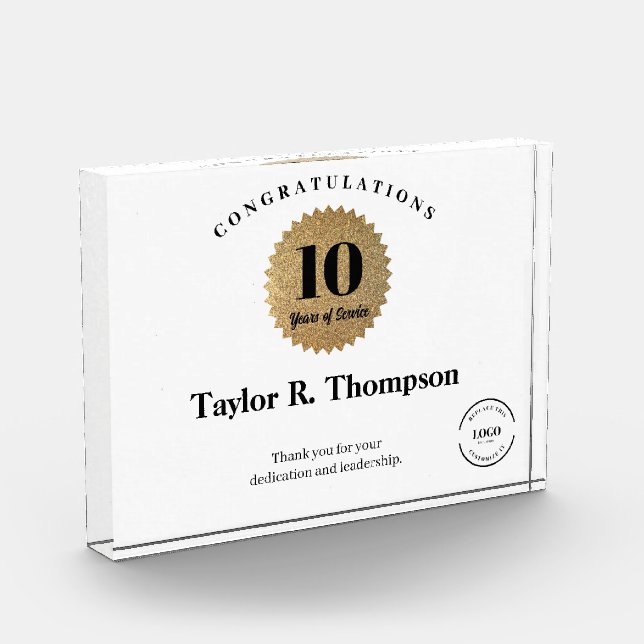 Gold Seal custom logo Employee 10 years of service Acrylic Award (Left)