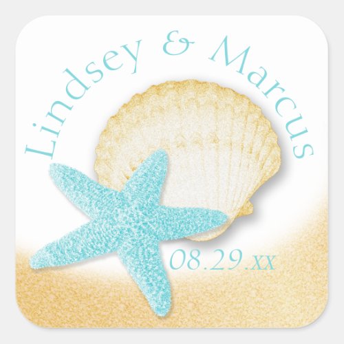 Gold Seashell and Aqua Starfish Sparkle Beach Square Sticker