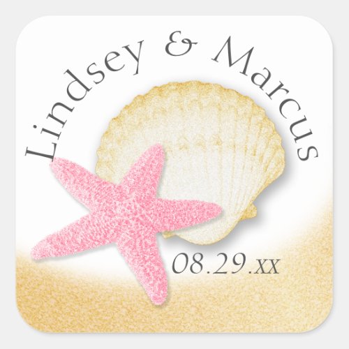 Gold Seashell and Pink Starfish Sparkle Beach Square Sticker