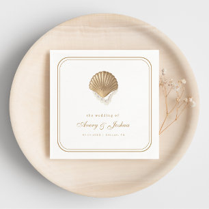 Gold Seashell Coastal Wedding Drink Napkins