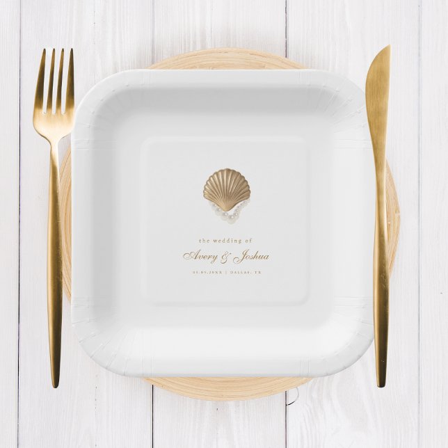 Gold Seashell Coastal Wedding Drink Paper Plates (Creator Uploaded)
